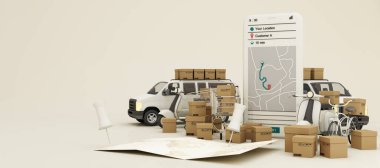 Mobiletli motosiklet ve minibüsle hızlı teslimat. E-ticaret konsepti. Çevrimiçi yiyecek ve alışveriş kasası siparişi ve yol haritası. Web sayfası, uygulama tasarımı. Beyaz kahverengi arka plan. panorama çerçeve 3d oluşturma