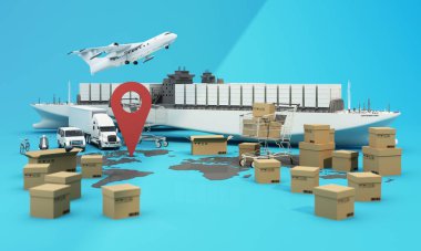 Dünya haritası karton kutularla çevrili, bir kargo konteynır gemisi, uçan bir uçak, bir araba, bir minibüs ve mavi arka planda GPS konumuna sahip bir kamyon. 