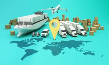 Karton kutular, kargo konteynır gemisi, uçan bir uçak, bir araba, bir minibüs ve yeşil arka planda GPS konumlu bir kamyonla çevrili bir dünya haritası. 
