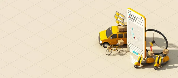 Schnelle Lieferung Roller Und Transporter Mit Mobiltelefon Commerce Konzept Online — Stockfoto