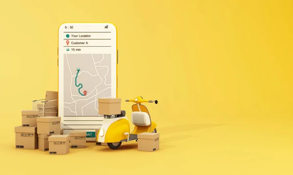 用摩托车和移动设备快速送货 电子商务的概念 网上食品和购物箱订单与路线图 应用设计 黄色和白色背景 视角3D渲染 — 图库照片