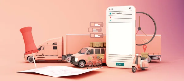 Schnelle Lieferung Roller Und Transporter Mit Mobiltelefon Commerce Konzept Online — Stockfoto