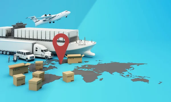 Dünya haritası karton kutularla çevrili, bir kargo konteynır gemisi, uçan bir uçak, bir araba, bir minibüs ve mavi arka planda GPS konumuna sahip bir kamyon. 