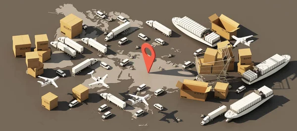 Mapa Světa Země Obklopená Kartonovými Krabicemi Nákladní Kontejnerovou Lodí Létajícím — Stock fotografie