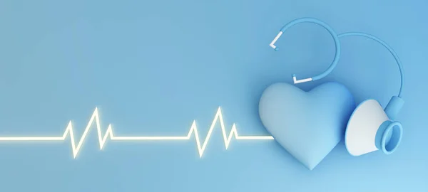 心臓と聴診器 ハートビートライン ヘルスケアの概念 青の背景で3Dレンダリング — ストック写真