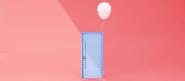 在粉红色的背景上关上蓝色的门 有阳光遮蔽 有阴影 有白色气球 3D渲染 — 图库照片