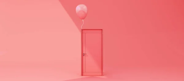 在粉色背景上关上粉红色的门 有阳光遮蔽 有阴影 有粉色气球 3D渲染 — 图库照片