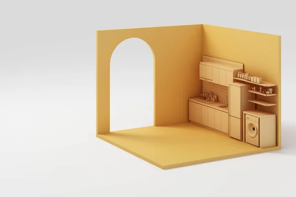 Set of  yellow furniture mock up and isometric wall 3d rendering