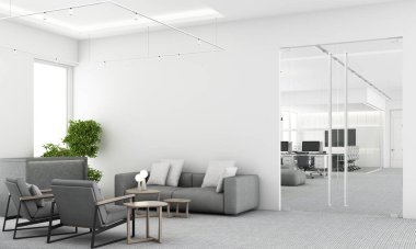Şehir manzarası ve gün ışığı olan çağdaş geniş ofis odaları. İş yeri tasarım konsepti, halı döşeme ve ofis mobilyaları toplantı salonu oturma odası ve resepsiyon salonu beyazı. 3B Hazırlama