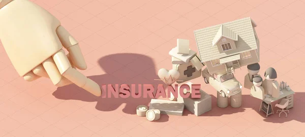 保险公司客户拿出完整的保险概念 采购产品保证和保险 房地产和财产 家庭和生活 3D渲染等距粉红 — 图库照片