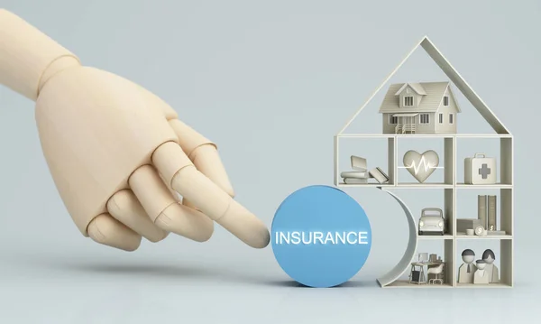 保险公司客户拿出完整的保险概念 采购产品保证和保险 房地产和财产 家庭和生活 3D渲染蓝色 — 图库照片