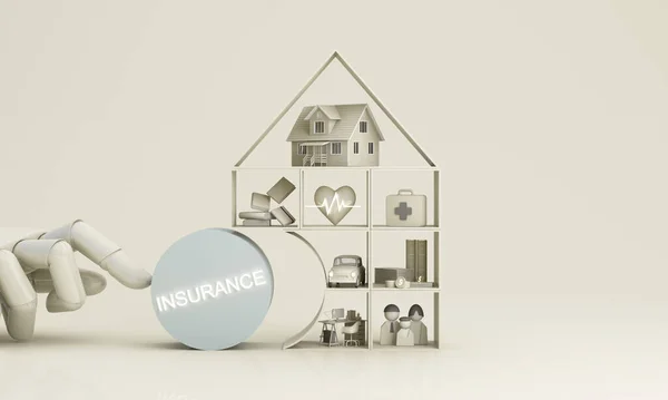保险公司客户拿出完整的保险概念 采购产品保证和保险 房地产和财产 家庭和生活 3D渲染为白色 — 图库照片