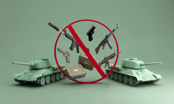 武器の使用を禁止する兆候 自動銃器や戦争の様々な種類 緑の背景の3Dレンダリングで — ストック写真