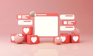 Kalp emojisi konuşma baloncuğu kutulu akıllı telefon ve ekranda çerçeve mesajı. Sosyal ağ ve mobil cihaz kavramı. Grafik web siteleri, pembe arka planda web afişi. 3d resimleme 