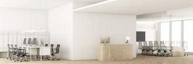 Modern bir ofis duvarının önünde duran dizüstü bilgisayarlı beyaz ahşap resepsiyon masasının önü. Tahta çıta duvarlar, tavan, parke zemininde toplantı odası ve kolye 3D maket.