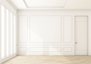 Modern apartman ve modaya uygun mobilyalar, parke ahşap zeminde klasik desenli duvar ve zarif aksesuarlar. Ev dekoru. Şablon, 3B görüntüleme, 3B illüstrasyon