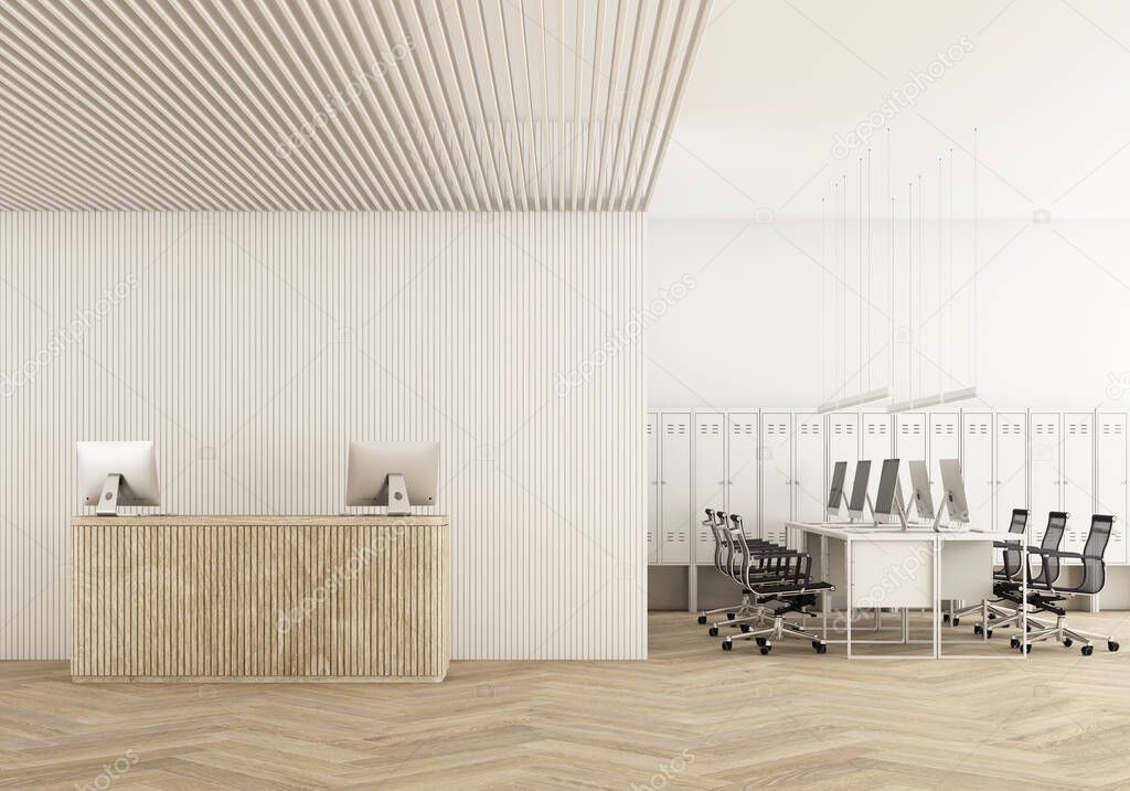 Front view of a white wood reception desk with laptops standing on it in front of a modern office wall. wooden slats wall and ceiling and meeting room on parquet floor and pendant 3d rendering mock up