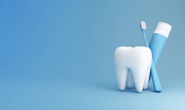 Beyaz dişler, diş fırçası ve diş macunu tüpü sunumu için mavi arka planda, Ağız Sağlığı ve Diş Bakımı ve Ağız Bakımı kavramında izole edilmiştir. 3d oluşturma 