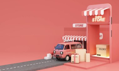 Mobil uygulama, internet sitesinde online alışveriş, lojistik paket teslimatı, ekrandaki konsept mağazası ürünleri pastel pembe tonlarda sunmaya hazır olun.