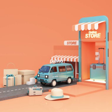 Mobil uygulama, internet sitesinde online alışveriş, lojistik paket teslimatı, ekrandaki konsept mağazası. Pastel turuncu ve mavi tonlardaki müşterilere ürünleri dağıtmaya hazır olun.