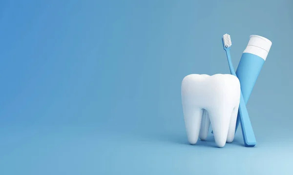 Beyaz dişler, diş fırçası ve diş macunu tüpü sunumu için mavi arka planda, Ağız Sağlığı ve Diş Bakımı ve Ağız Bakımı kavramında izole edilmiştir. 3d oluşturma 