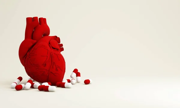 カプセル 赤と白に囲まれた抽象的なパターンの赤い人間の心と血管 健康管理と心臓病の概念の白い背景に隔離された3Dレンダリング — ストック写真