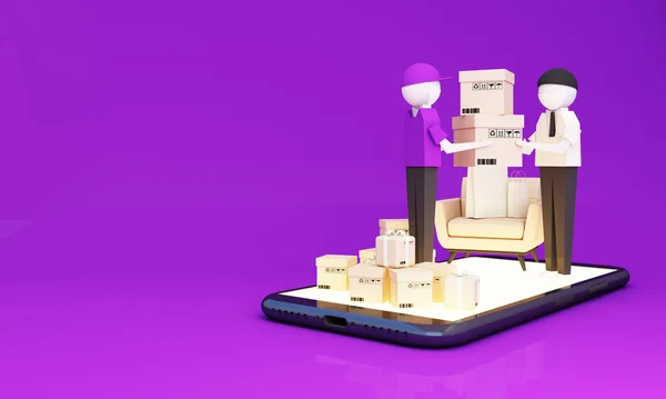 在线交付服务的概念 在线订单跟踪 送货回家 在手机屏风到客厅的沙发送货员 带着呼吸面罩 用紫色调给顾客送货上门 3D渲染 — 图库照片