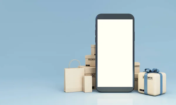 Konzept Online Sopping Boxen Päckchen Karton Und Einkaufstasche Mit Smartphone — Stockfoto