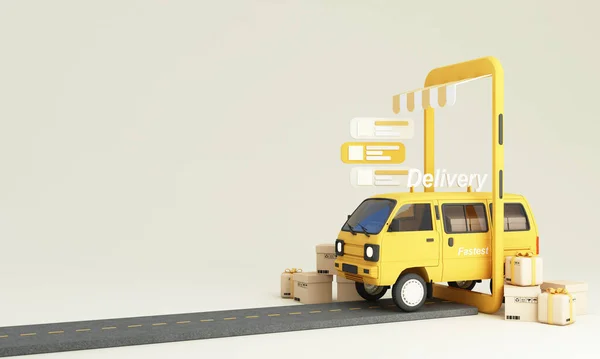 电子商务概念 移动应用方面的交付服务 货车和卡车通过电话和在线信息 产品包装 礼品盒提供的运输服务 — 图库照片