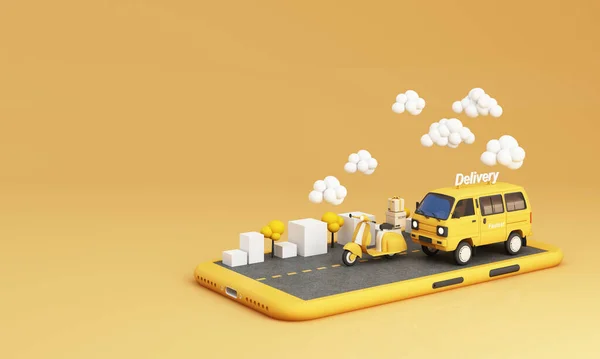 Commerce Konzept Lieferservice Auf Mobiler Anwendung Lieferung Lieferwagen Lastwagen Und — Stockfoto