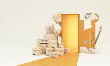 Finansal fırsat alışverişi konsepti online tasarım kredi kartı şablonu modeli banka kredi kartı sarı açık kapılı alışveriş çantası, kutu, kıyafet, alet, kanepe beyaz arka planda 3D görüntüleme