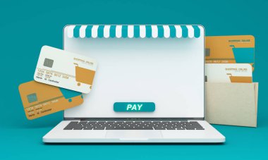 Pazar yeri çevrimiçi illüstrasyon, dizüstü bilgisayarında 3d tarzı internet multi-satıcı, yeşil tonlu çok satıcı mağazası ve banka kredi kartı 3d görüntüleme ile dizüstü bilgisayarda ödeme tuşu