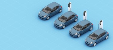 Mavi elektrikli araba şarj aletinden yakıt alıyor ve ekranda görünüyor. Şarj durumunun göstergesi. mavi arkaplan 3d eşölçümleme