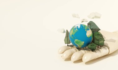 Dünya Çevre Gününün yenilikçi Posteri ya da Bayrağı. Alçak poli ağacı, bulut ve nehir zeminde. Tahta el üstünde toprak ve beyaz zemin üzerinde üç boyutlu resimleme.