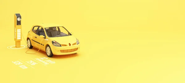 The electric car is refueling through the charger and shows on the screen. Indicates charging status. on a yellow background 3d rendering