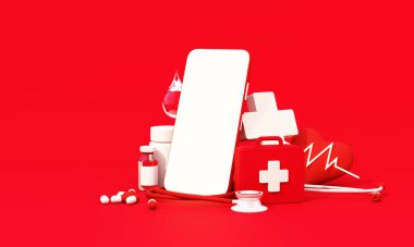 8 Mayıs, kırmızı arka plan ve tıbbi ekipmanlarda akıllı telefon ekranı, ilaç kutusu, aşı ve kalp atışı, Dünya Kızılhaç ve Kızıl Hilal Günü, sigorta. gerçekçi 3d oluşturma