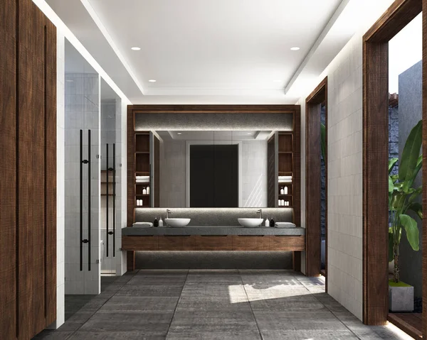 Design Moderní Dřevěné Koupelny Betonovou Dlaždicovou Podlahou Skalní Kamennou Výzdobou — Stock fotografie