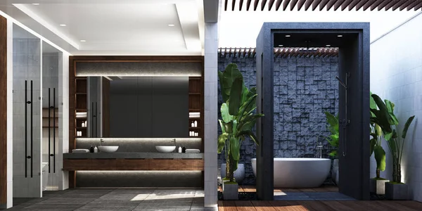 Design Moderní Dřevěné Koupelny Betonovou Dlaždicovou Podlahou Skalní Kamennou Výzdobou — Stock fotografie