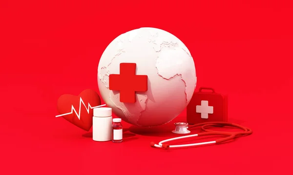 Maj World Red Cross Symbol Röd Bakgrund Och Medicinsk Utrustning — Stockfoto