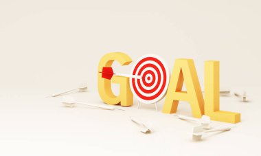 Dart, hedefi beyaz zemin üzerinde hedef alıyor. Kopya alanı, sarı GOAL harfleri ve hedefi vurmayan pek çok ok var. Minimum konsept. 3d resimleme