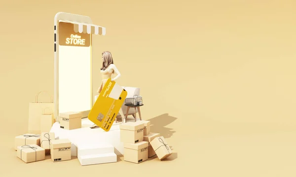 年轻女性在家里的榜样 在线支付概念 网上购物手拿着装有包裹盒的信用卡 购物袋纸盒隔离黄色背景 复制空间逼真3D渲染 — 图库照片