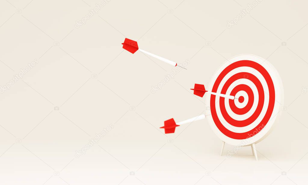 Dart hitting a target on the center on white background with copy space. Minimal concept. 3d render illustration