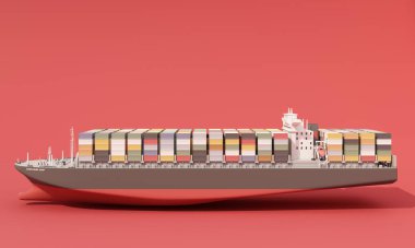 side elevation of cargo ship full of containers on red background. 3D rendering