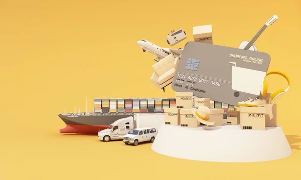 International Transport Shipping Concept Credit Card Surrounded Cardboard Boxes Cargo — Fotografia de Stock
