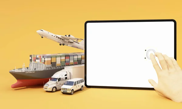 Karton Kutular Kargo Konteynır Gemisi Uçan Uçak Minibüs Sarı Zemin — Stok fotoğraf