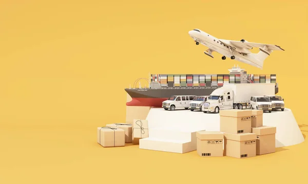 Karton Kutular Bir Kargo Gemisi Uçan Bir Uçak Bir Kamyonet — Stok fotoğraf