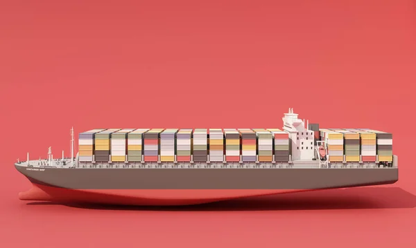 Side Elevation Cargo Ship Full Containers Red Background Rendering — Fotografia de Stock