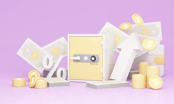 a safe box symbol higher interest rates on deposits and digital money in the concept of financial stability and growth and an empty space for entering text on a purple background realistic 3d render