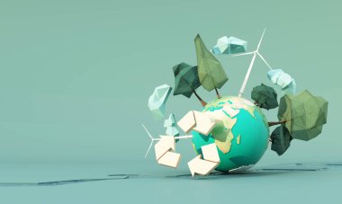 Yeşil yeryüzü geri dönüşüm konsepti Dünya günü etrafını çevreleyen küreler, ağaçlar, bulutlar, düşük polimerler ve nehirli yeşil bir zemin üzerindeki yel değirmenleri. gerçekçi karikatür 3d canlandırması
