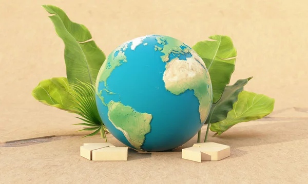 Зеленая Земля Перерабатывает Концепцию Дня Земли Окружении Глобусов Деревьев Листьев — стоковое фото